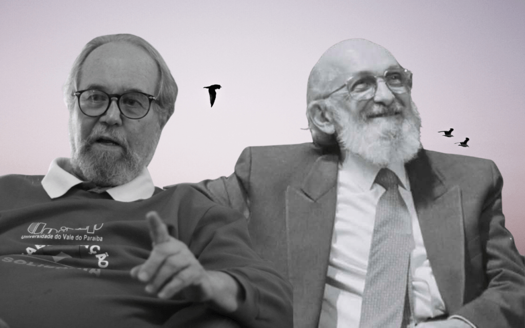 colagem com fotos de Paulo Freire e Carlos Rodrigues Brandão, arte de Claudio Barria com imagens de domínio público na web.